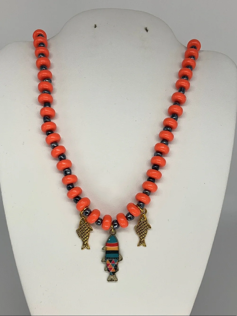 Handcrafted Orange and Navy Beaded Fish Pendant Necklace